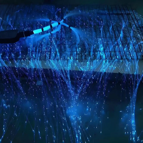 Blue LED strands from 16W RGBW Fiber Optic Curtain Light Kit With Waterproof Sparkle Cables For Home Decor And Sensory Rooms Color Changing Waterfall Window Lights 9.8ft 3m Safe Outdoor Use And Easy Setup.