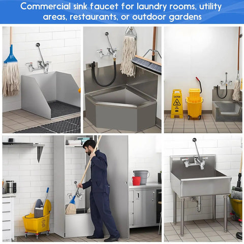 Commercial Mop Sink Faucet With Vacuum Breaker, Wall Mount 8 Inch Center Service Sink Faucet, various utility settings