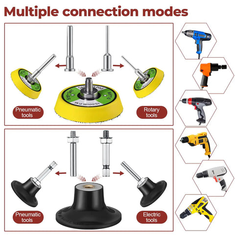 Multiple connection modes for Two Inch Sanding Discs Kit With Backer Plate For Drill And Rotary Tools, showing pneumatic and rotary tools.
