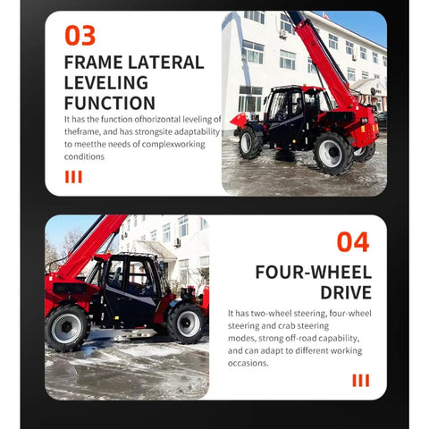 Heavy Duty Telehandler Telescopic Reach Forklift With Enclosed Cab All Terrain High Capacity Lifter shown with leveling function and drive modes.