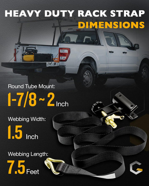 Four Pack One And A Half Inch Ratchet Straps With J Hooks For Ladder Rack And Roof Gear Seven Point Five Feet Long Five Hundred Pound Load Heavy Duty Retractable Tie Downs Cordura Wear Pad Premium Poly Webbing Diamond Stitching on truck
