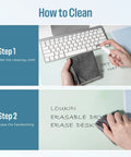 Steps showing how to clean Erasable Desk Pad 32x14 Inch Three In One Mouse Pad And Planning Whiteboard with cleaning cloth