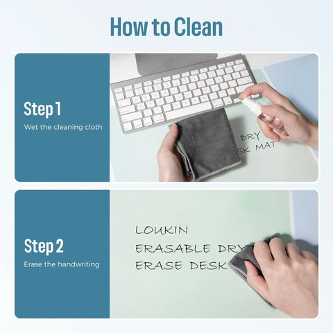 Steps showing how to clean Erasable Desk Pad 32x14 Inch Three In One Mouse Pad And Planning Whiteboard with cleaning cloth