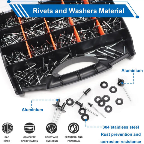 Pro Grade Beefed Up 1001 Piece Pop Rivet Gun Kit With Black Rivets Large Flange Rivets And Stainless Washers In Portable Toolbox