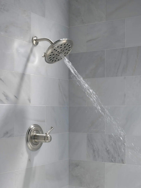Shower with Brushed Nickel Four Setting Shower Head With H2Okinetic Spray Four Inch Round Design One Point Seven Five GPM Water Saving Flow Stainless 52487 SS For Wide Coverage And Spa Like Rinse installed