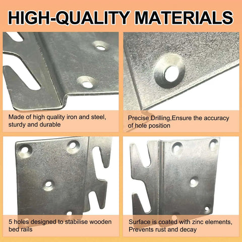 Universal Bed Frame Brackets With Heavy Duty Zinc Coated Iron Bed Rail Hook Plates For Headboard And Footboard Four Piece Hardware Kit Includes Mounting Screws. High-quality iron with precise drilling, 5 holes for stability.
