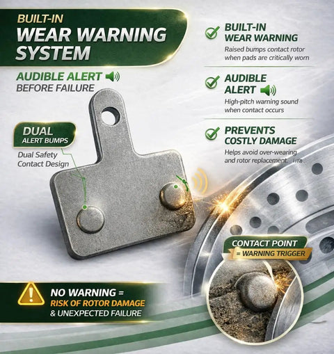 Pro Grade Bike Disc Brake Pads For Shimano 4 Piston D02S D03S with built-in wear warning system displayed with rotor details.