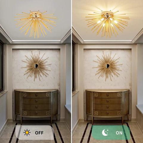 Side-by-side view of Six-Light Gold Firework Flush Mount Ceiling Light Fixture With G9 Socket, lit and unlit in an elegant hallway.