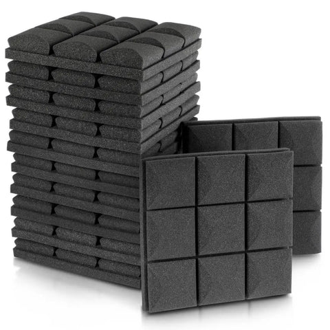 Game Changing High Density Acoustic Sound Foam Panels 12 Pack, black foam tiles stacked for sound control in studios.