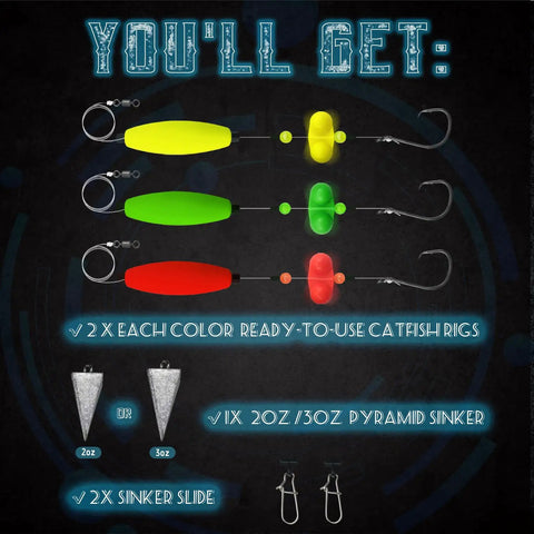 Catfish Rig Set With Six Pre-Tied Rigs Two Sinker Sliders Two Ounce Pyramid Sinker Float Rig Tackle Santee Rig And Circle Hooks Size Five Zero Grab And Go Ready To Use Kit Great For River And Lake Catfishing Adventures displayed