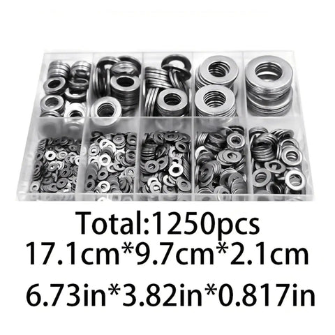 Heavy Duty Stainless Steel Flat Washer Set 1250 Pieces Assortment Kit With Sizes M2 Through M12 For Home Shop Auto And Outdoor Repairs A Workhorse For Everyday Fixes Built To Last. stainless steel washers in organizer tray, 1250 pcs, M2-M12