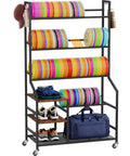 Five Tier Disc Golf Storage Rack With Angled Shelves And Hooks On Wheels, Heavy Duty Disc Organizer for bags and shoes.