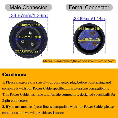 Top Tier Waterproof Power Cable Extension Featuring 3 Pin 13Awg Connectors IP65 Rated with male and female connectors dimensions.