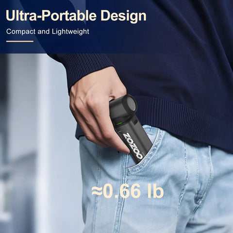 180000 RPM Cordless Air Duster with Brushless Motor and LED Light fitting into a pocket, showing portable design.
