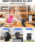 Woman enjoying outdoors with Portable Clip On Fan For Desk And Stroller, USB Rechargeable Mini Table Fan with 360 Degree Rotation, 3 Speeds.
