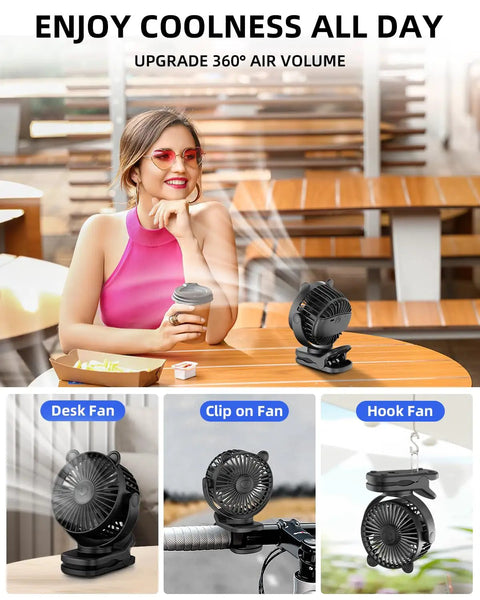 Woman enjoying outdoors with Portable Clip On Fan For Desk And Stroller, USB Rechargeable Mini Table Fan with 360 Degree Rotation, 3 Speeds.