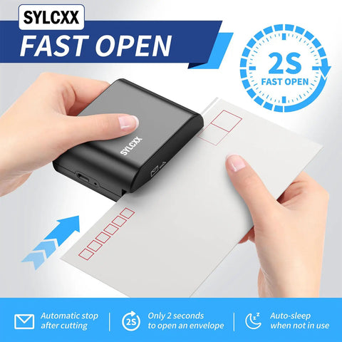 Rechargeable Electric Letter Opener With USB C Charging, Opens Envelopes Quick And Clean For Office Or Home, 1000mAh Battery shown opening envelope.