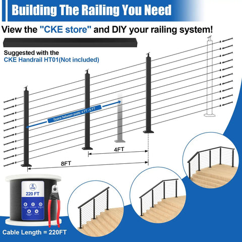 Diagram showing complete stair cable railing kit for 10 to 15 ft runs with 3 black 36 inch posts and 220 ft wire rope.