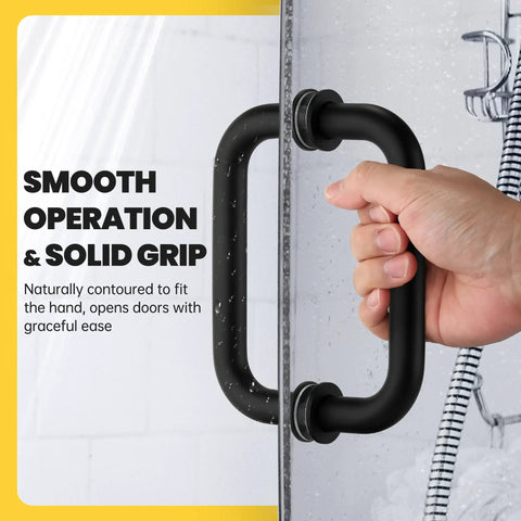Sleek Matte Black Shower Door Handle With Six Inch Center To Center And Heavy Duty 304 Stainless Steel Round Tube Design For Rust Resistant Bathroom Hardware That Is Built Different Now, held firmly for easy operation on glass.