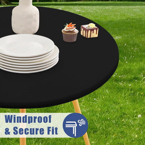 Round Spandex Tablecloth With Elastic Edge No Slip Waterproof Stretch Fit For 45 To 56 Inch Tables Ideal For Indoor Outdoor Dining And Camping Picnics Easy Care Washable Black securing tableware outdoors
