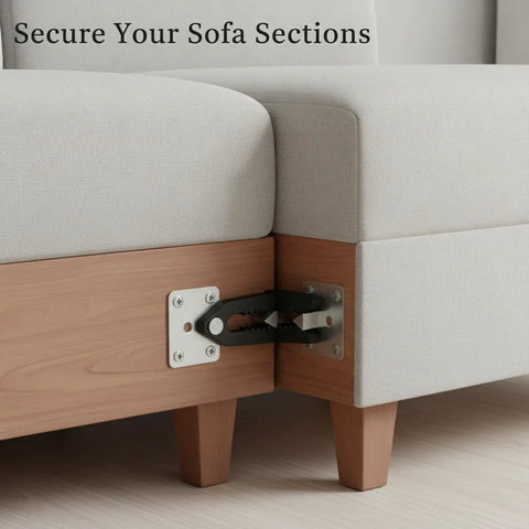 Plastic Sofa Connector Buckle for Modular Sectionals secures loose frames with black plastic interlock on sofa corner, 4.7x3.4x1.6 inches