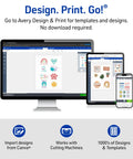 Avery Design & Print interface displayed on computer, tablet, and smartphone showcasing various label templates and designs.