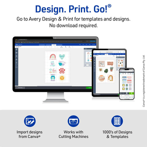 Avery Design & Print interface displayed on computer, tablet, and smartphone showcasing various label templates and designs.