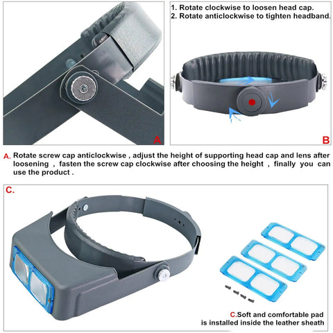 Go To Four Lens Headband Magnifier For Precise Reading And DIY Hobby Work focus showing adjustable screws and interchangeable lenses