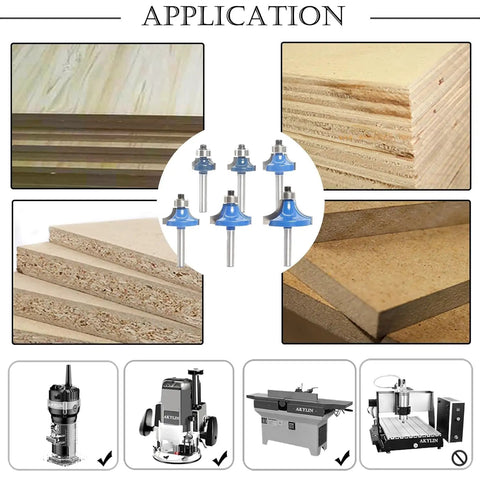 Knockout 6 Piece Round Over Router Bit Set With Tough 1/4 Inch Shank And Assorted Carbide Profiles To Square Away Fine Woodwork And Leave Edges Smoother Than Butter Daily applied to various wood types and router machines.