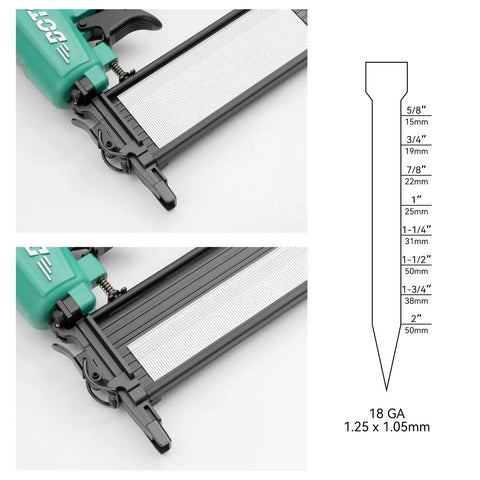 Close-up of 18 gauge Heavy Duty Pneumatic Brad Nailer showing nail size guide for 3/8 to 2 inch nails with detailed parts.