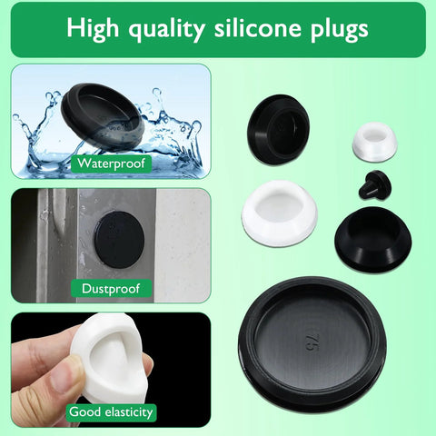 Five Pack Rubber Plugs For Round Holes One And Three Eighths Inch Black Snap In Locking Plugs For Automotive Industrial And Furniture Waterproof Silicone Stopper Temperature Resistant From Minus Forty Degrees Celsius To Two Hundred Thirty Degrees Celsius. Images showing waterproof, dustproof, and elastic properties.
