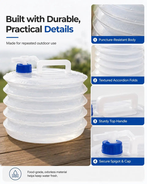 Grab And Go Collapsible Water Container With Spigot For Camping And RV Trips, showing durable design with textured folds and spigot