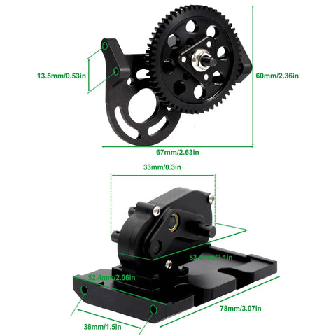 One Tenth RC Crawler Transmission With Thirty Percent Overdrive Transfer Case Forward Motor Mount Delrin Spur Gear Aluminum Alloy Upgrade For Axial SCX10 II Element Enduro LCG Chassis Cheater Rigs And DIY Projects product dimensions and components