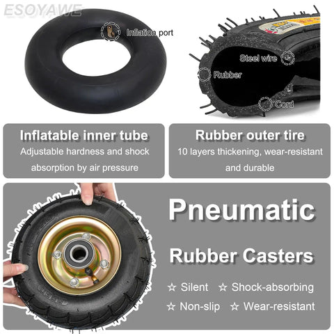 Heavy Duty Pneumatic Swivel Caster Wheels 4 Pack with inflatable inner tube and robust rubber outer tire for versatile use.