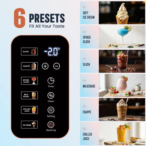 Control panel of 2 In 1 Slushie Machine And Soft Serve Ice Cream Maker With Six Auto Presets No Ice Needed, displaying drink presets.