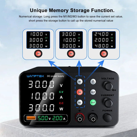 DC Bench Power Supply 0 to 30V 0 to 10A Pro Grade Regulated Lab Power Supply with memory presets and digital display