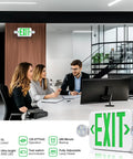 Heavy Duty LED Exit Sign And Emergency Light Combo Built Damn Tough With Double Sided Green Message, wall mount with adjustable lamp heads.