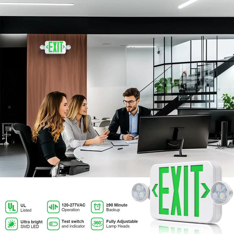 Heavy Duty LED Exit Sign And Emergency Light Combo Built Damn Tough With Double Sided Green Message, wall mount with adjustable lamp heads.