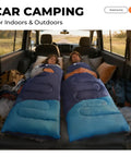 Two people sleeping in a car using Ultra Lightweight Backpacking Sleeping Bag For Adults And Kids Packable Warm Weather Comfort