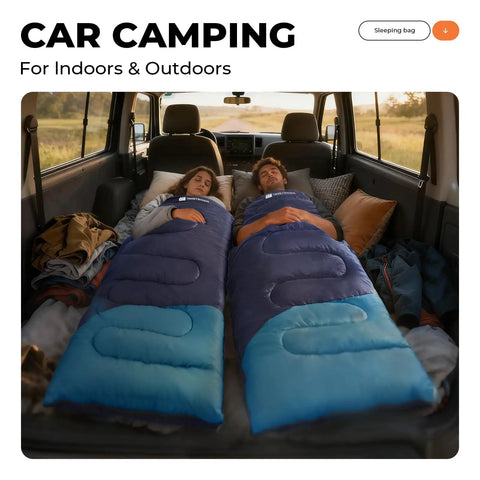 Two people sleeping in a car using Ultra Lightweight Backpacking Sleeping Bag For Adults And Kids Packable Warm Weather Comfort