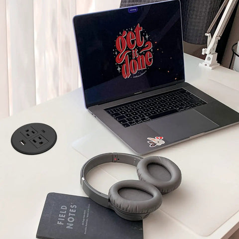 Keep Your Desk Legit Tidy With This 3.15 Inch Flush Mount Power Grommet Featuring Usb C Pd 20W And Usb A 10W Ports For Hella Quick Thirty Watt Fast Charging Any Day with laptop and headphones.