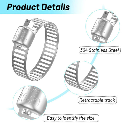 Close-up of 304 stainless steel clamp from 50 Piece Stainless Steel Hose Clamp Kit With Adjustable Worm Gear Clamps, details visible.