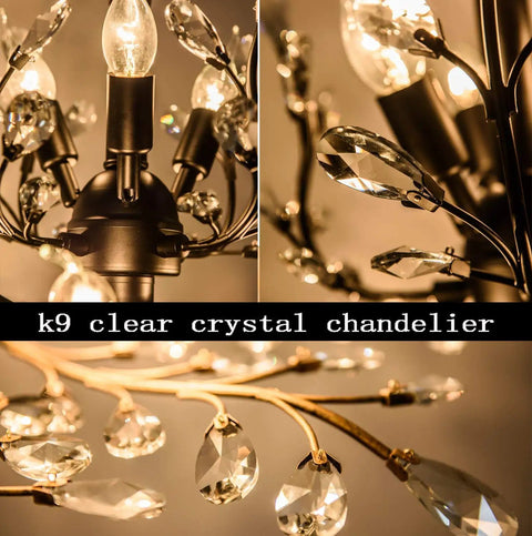 Close-up of Vintage Style K9 Clear Crystal Chandelier Set Of 3 Pendant Lights, black finish, showing crystal details.