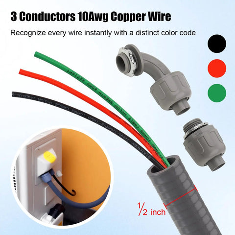 8 Foot Outdoor Power Whip Kit Half Inch Nonmetallic Liquid Tight Flexible Conduit With Three 10 Gauge THHN Conductors in color codes