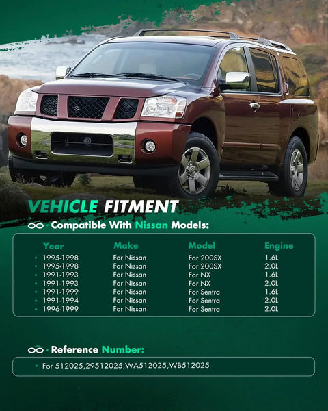 SUV in nature setting; vehicle fitment chart for Nissan models, years 1991-2000, engine types 1.6L to 2.0L.