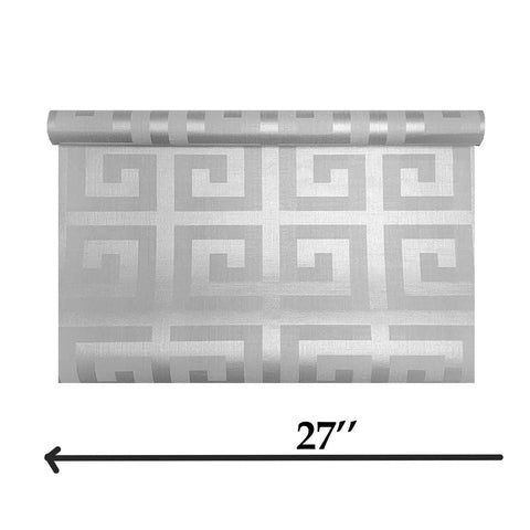 Modern Geometric Greek Key Wallpaper With Metallic Matte Finish Premium Washable Removable Wall Covering, 27 inches wide.