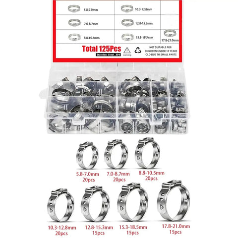 125 Pcs Single Ear Hose Clamps Kit 7 Sizes 7 To 21mm Crimp Hose Clamp Assortment 304 Stainless Steel