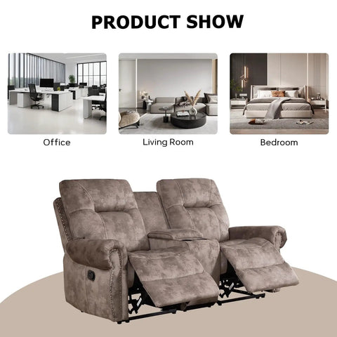 Dual Manual Recliner Loveseat Sofa With Center Console And Hidden Storage, Cup Holders, Vintage Rivet Mid Century Design shown
