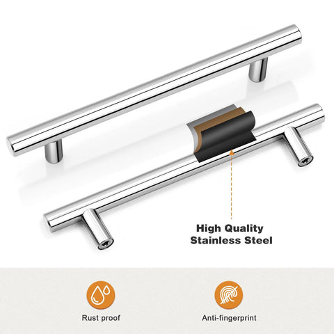 5 Pack Chrome Kitchen Cabinet Pulls Euro T Bar Handles Polished Chrome Dresser Drawer Pulls 6.3 Inch Hole Centers stainless steel display