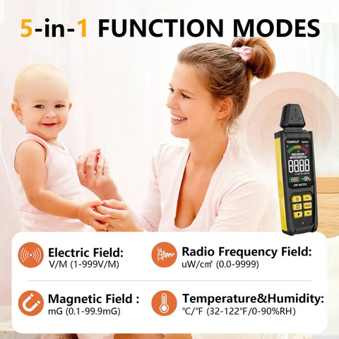 5 In 1 EMF Meter Detector For Home Use And Ghost Hunting, Detects Radio Frequency, Electric And Magnetic Fields, Temperature And Humidity Readouts, Rechargeable EMF Reader, Handy Field Strength Meter For Quick Radiation Checks in handheld use